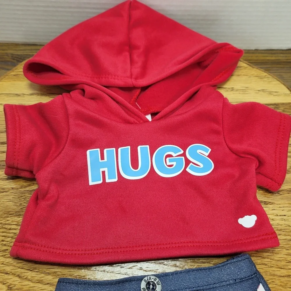 NWT Build A Bear Workshop Red Hugs Hoodie Denim Skirt Plush Outfit Accessory